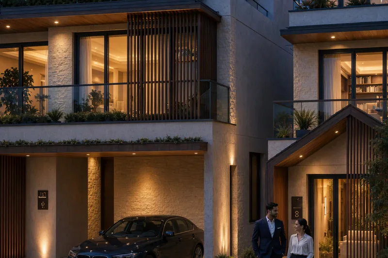 Bannerghatta villa with warm interior light at dusk
