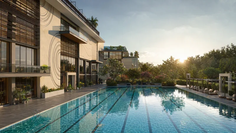 Lap pool beside the District 25 clubhouse at sunset