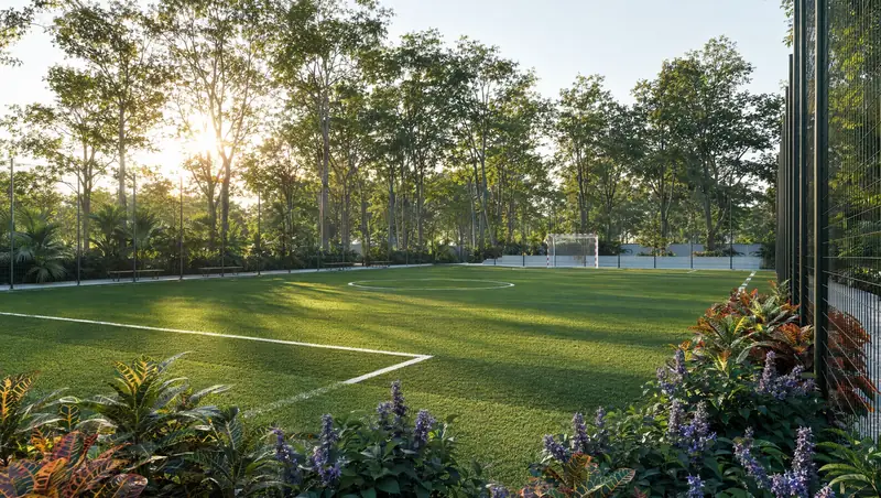 Fenced turf football ground with goal posts