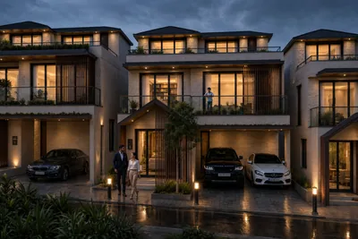 Bannerghatta villas lit up at dusk, artistic impression